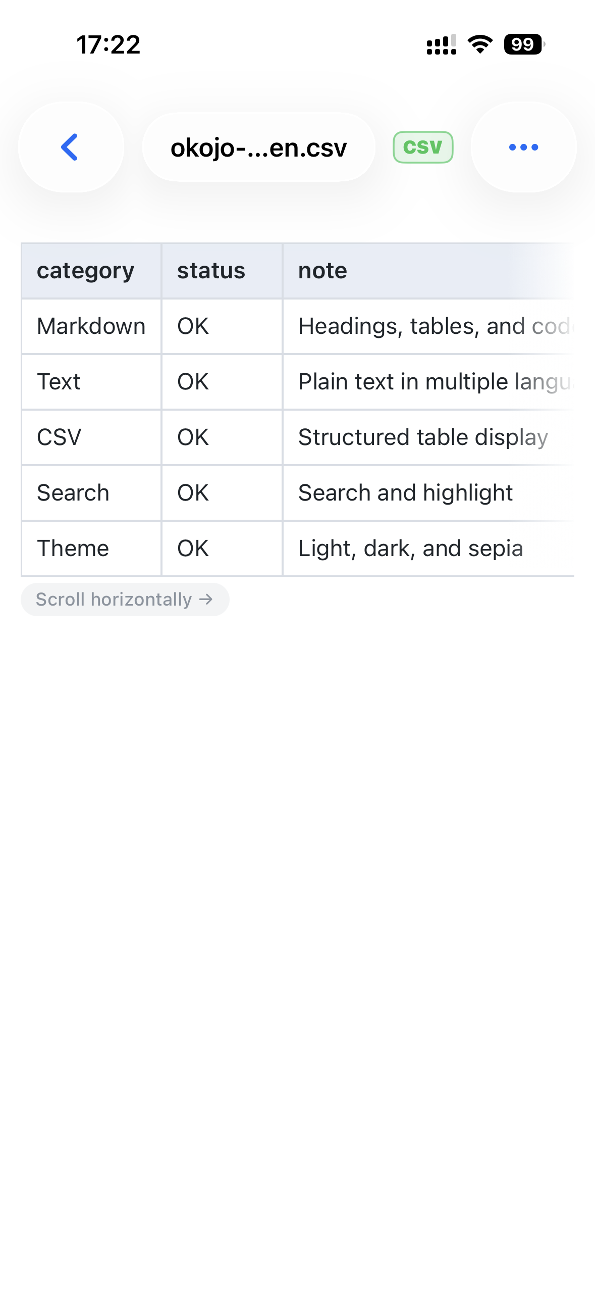 Okojo for iPhone – CSV displayed as a cell-based table.
