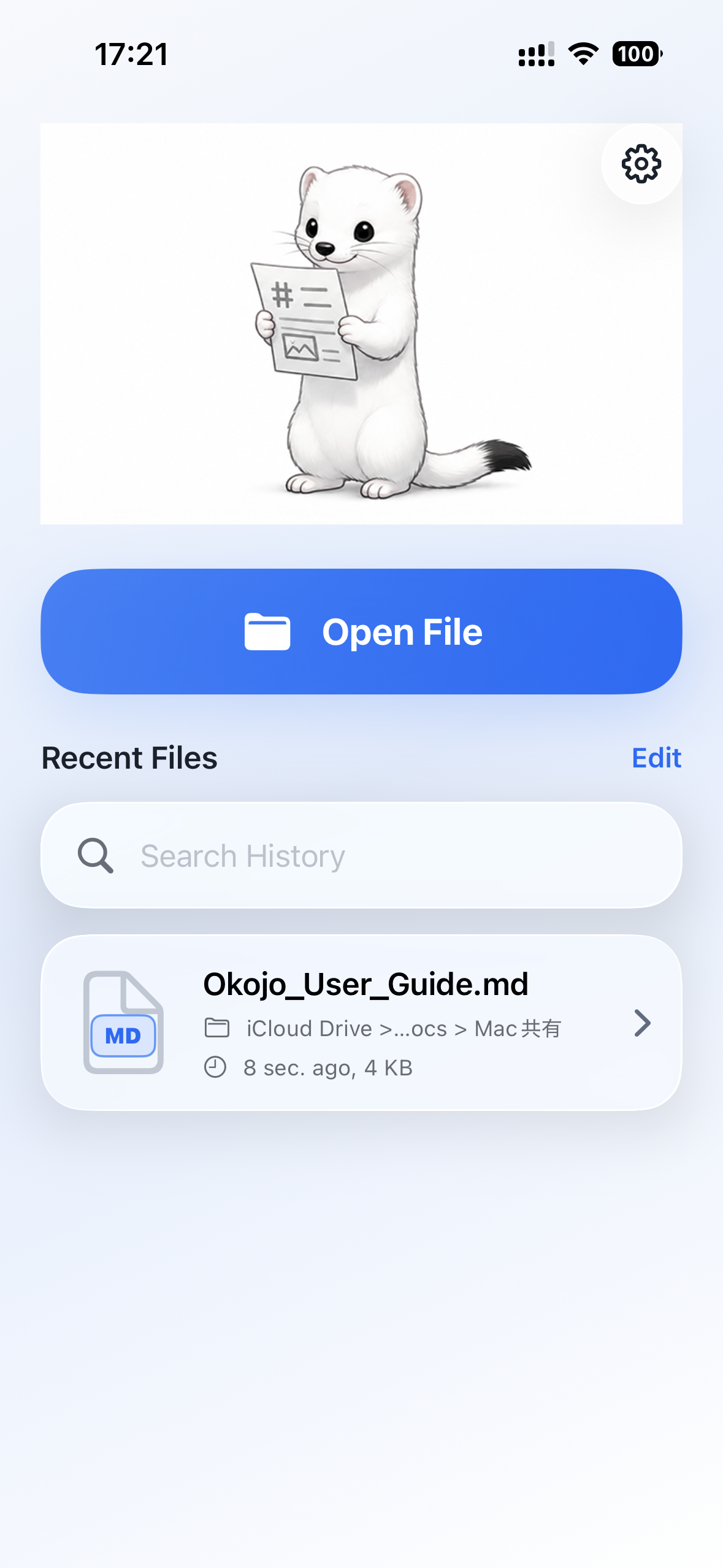 Okojo for iPhone – Open File screen with a recent Markdown document.