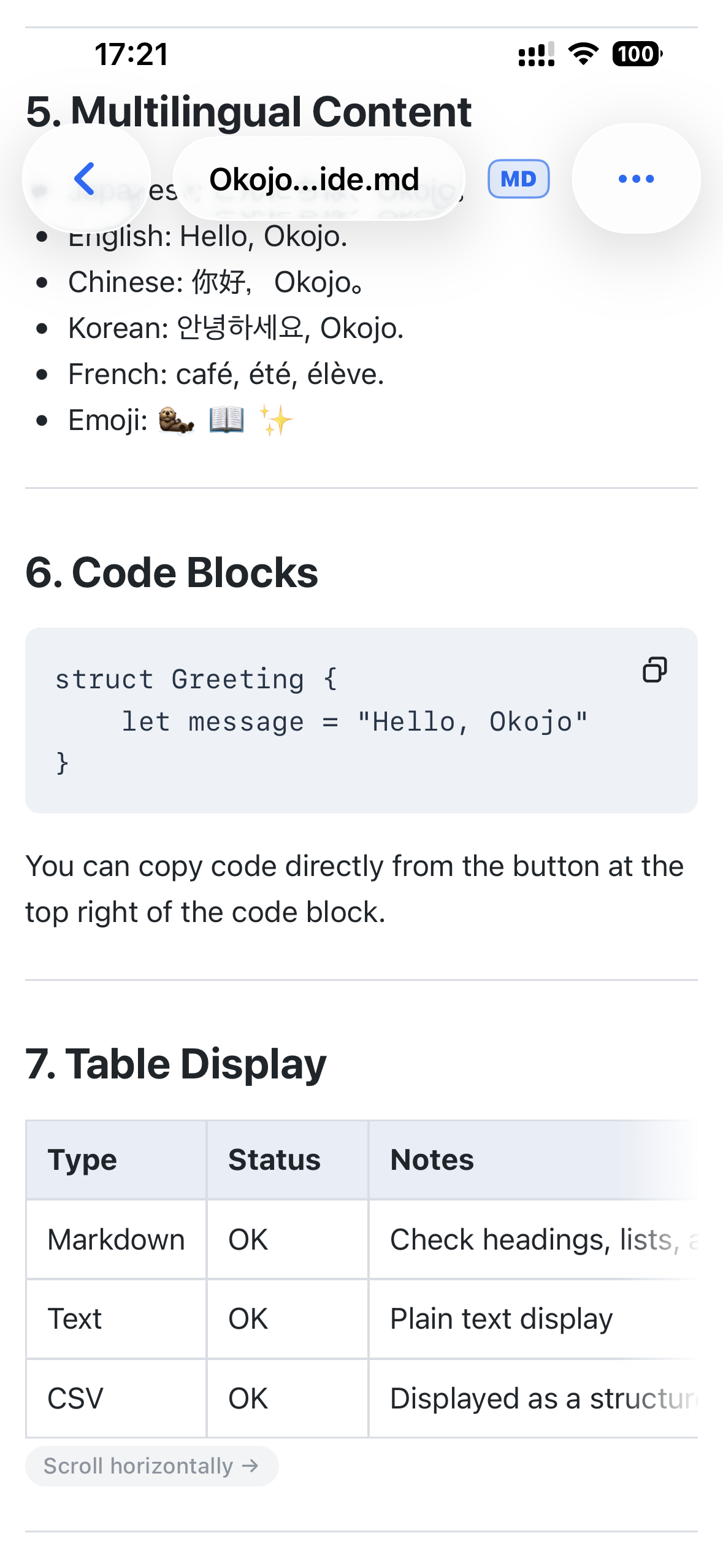 Okojo for iPhone – Markdown document with a code block and table.