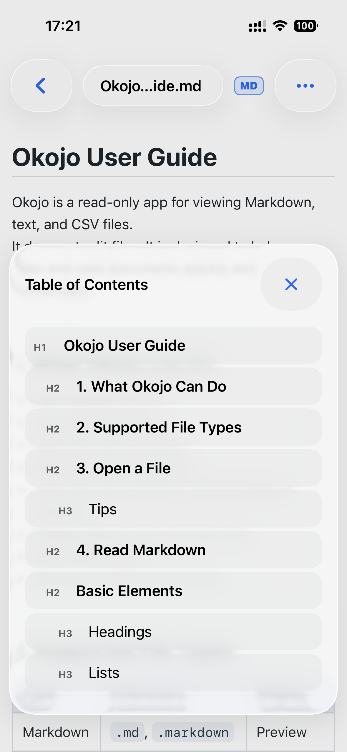 Okojo for iPhone – Table of contents for a Markdown document.