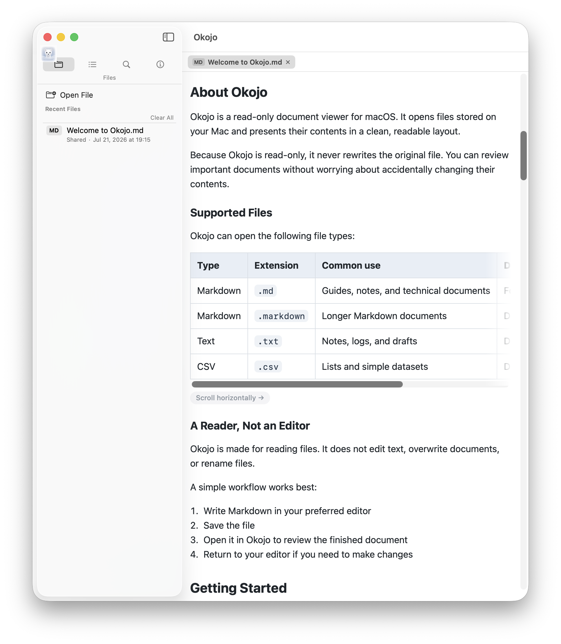 Okojo English main window showing a Markdown document and recent files.