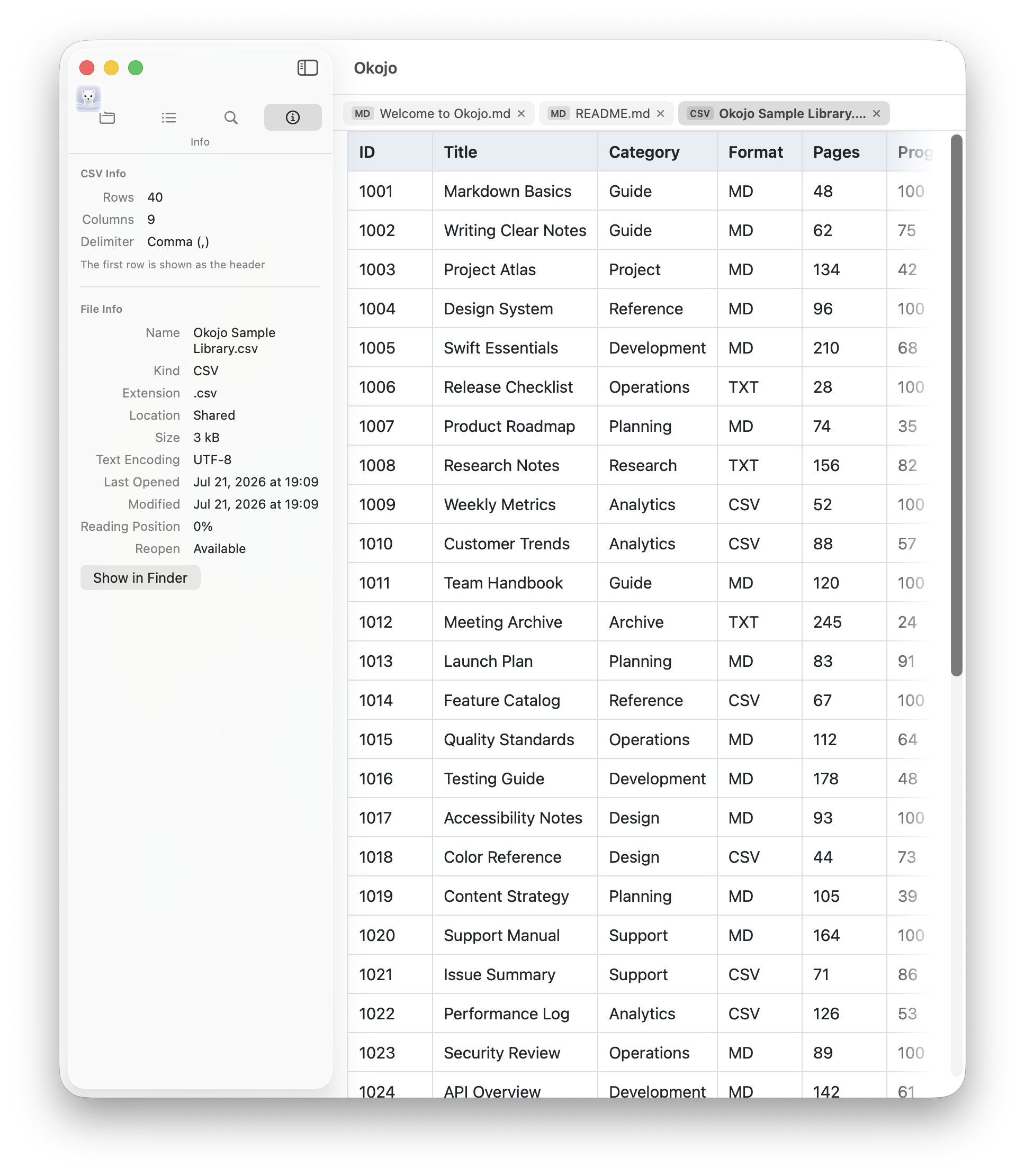 Okojo English multiple tabs screen showing several open document tabs and a CSV table.
