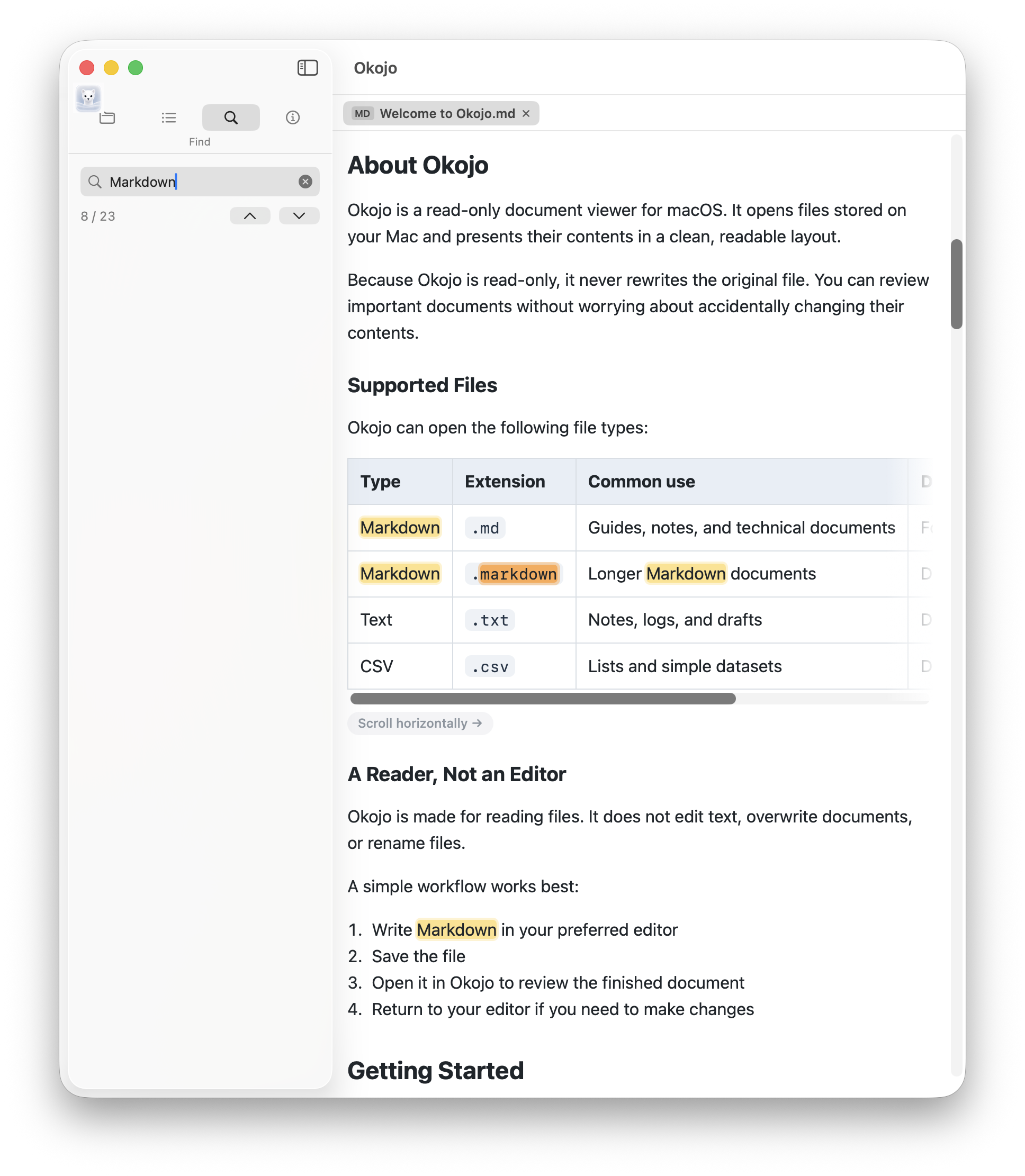 Okojo English search screen with a search term and highlighted matches.