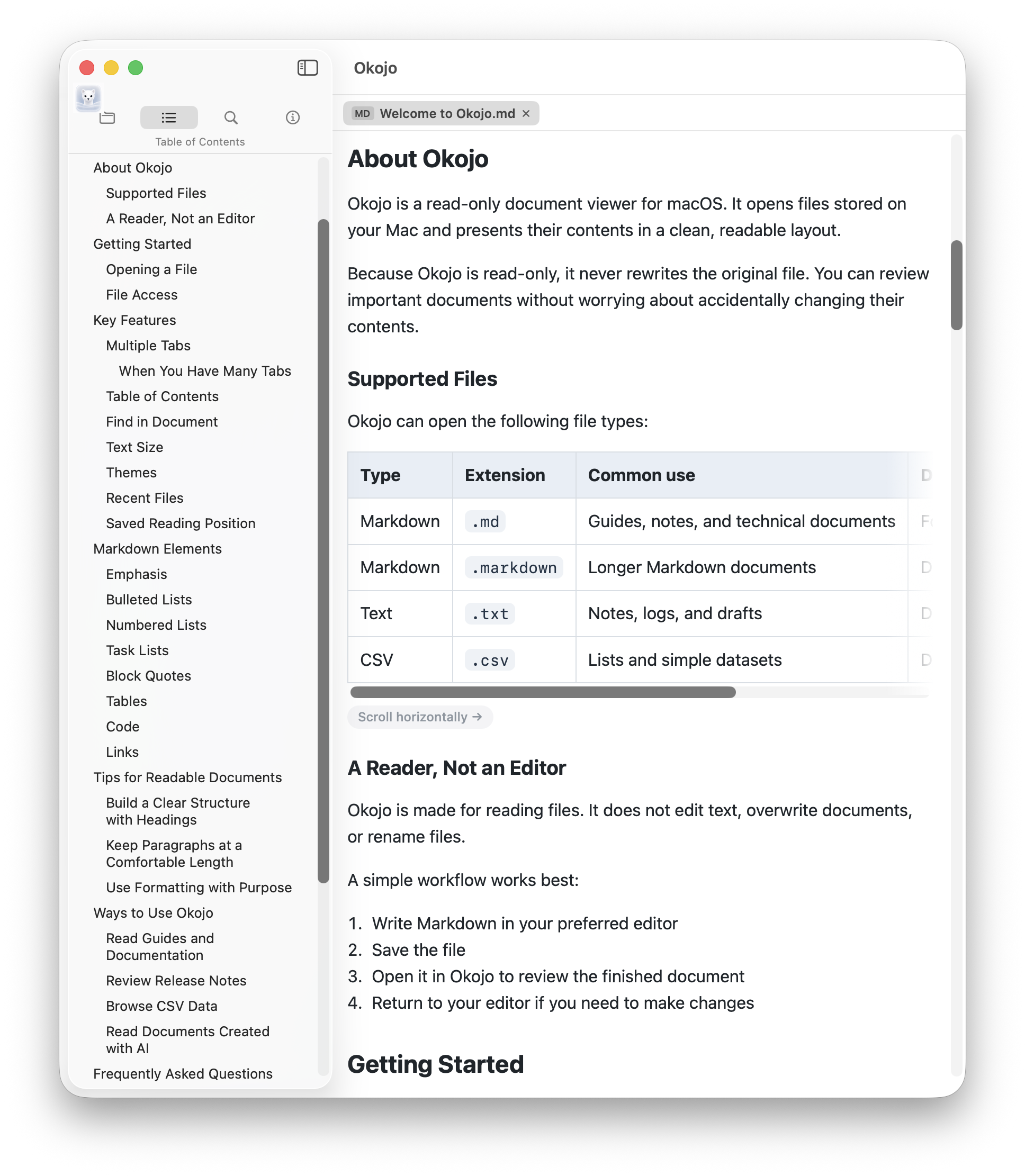 Okojo English table of contents screen with heading navigation beside the document.