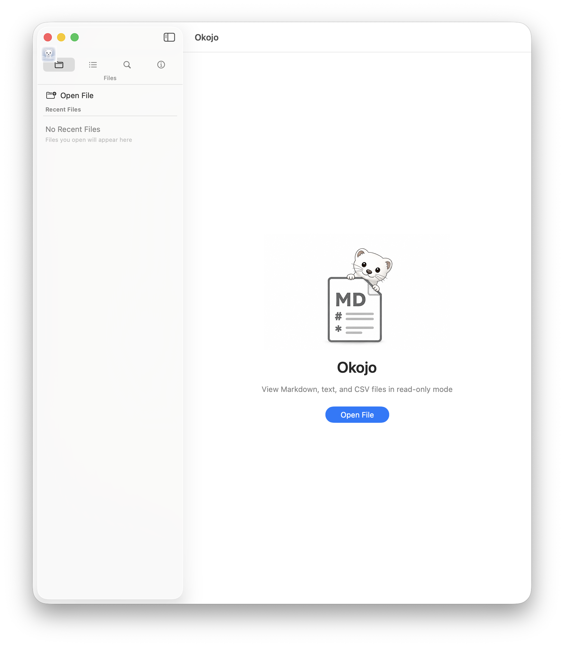 Okojo English welcome window showing the character, app name, and Open File button.