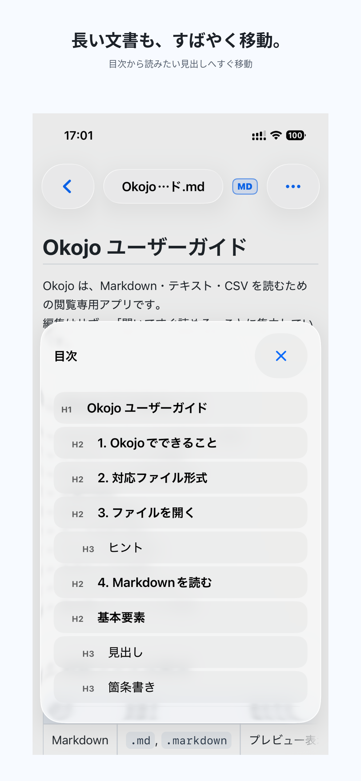 Okojo iPhone版の日本語画面。Markdown文書の目次が表示されています。